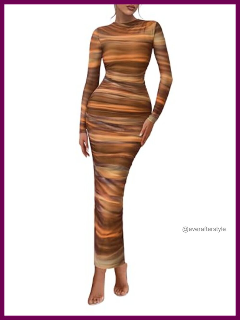 Women's Long Sleeve Maxi Dress Mesh Floral Bodycon Mock Neck Wedding Guest